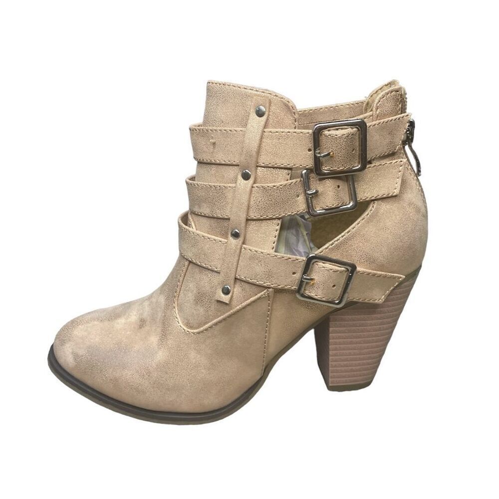 Forever Women's 3 Buckle Ankle Boots, Camila-62, Rose Gold, Block Heel , size 5M